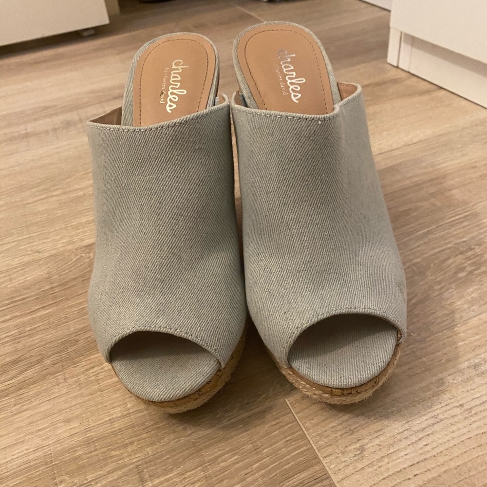 Light blue, slip on wedges